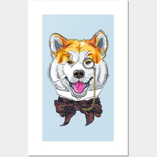 Funny cartoon hipster dog Akita Inu Posters and Art